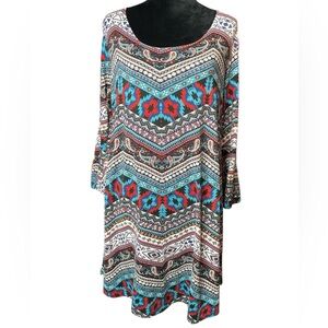 Urban Rose Black Lace Back Zig Zag Tribal Pattern Dress-Blue, Red, Black, White